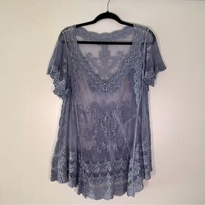 Boho Sheer Lace Tunic Shirt Dress OSFM